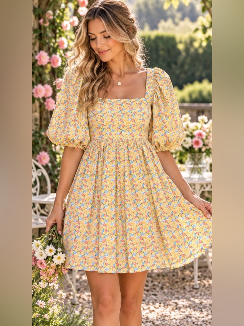 Storia Size S Yellow Floral Puff Sleeve Babydoll lined Mini Dress Cottagecore